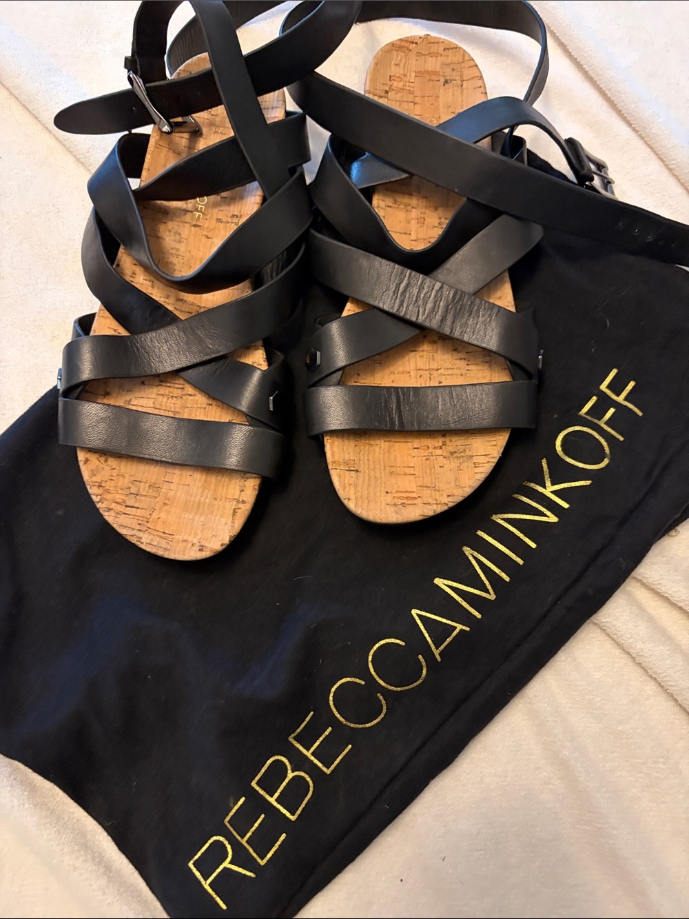 Rebecca Minkoff Black Cork-Strap Gladiator Sandals with Ankle Wrap
